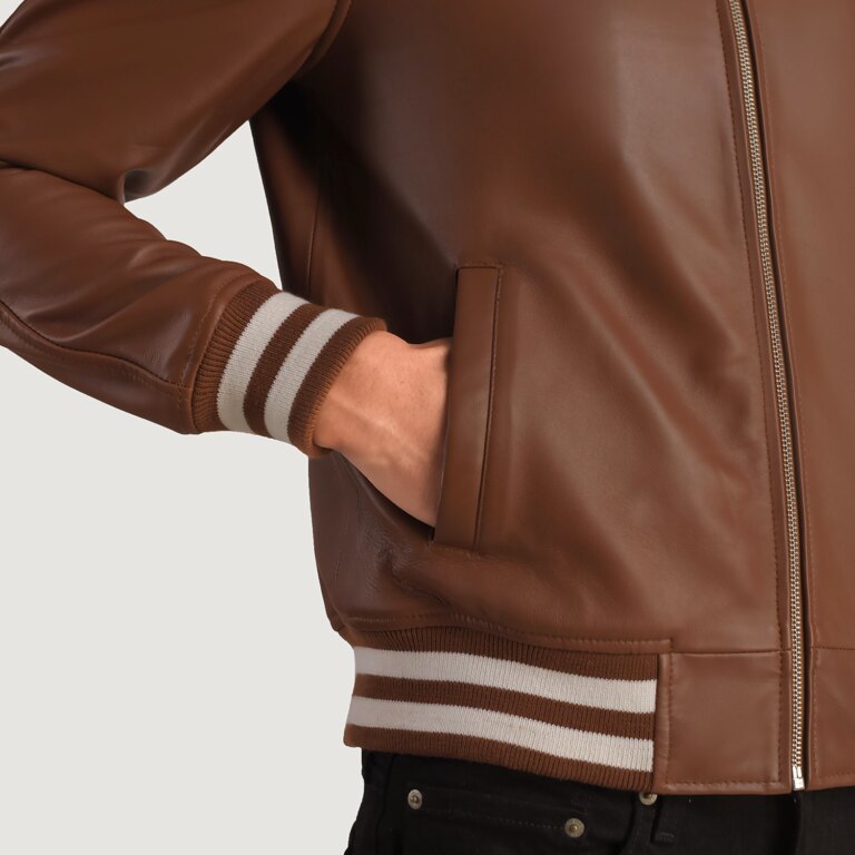 Mens Walton Brown Leather Varsity Jacket Close-Up-9-1704120062059